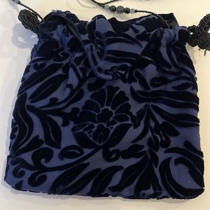 Lisa Violetto crossbody velvet evening purse beaded chain drawstring blue black